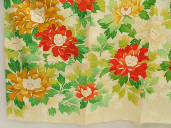 Photo6: 5608T13z840 Vintage Japanese Kimono Silk HITOE FURISODE Peony (6)
