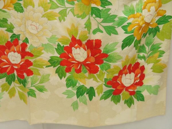 Photo7: 5608T13z840 Vintage Japanese Kimono Silk HITOE FURISODE Peony (7)