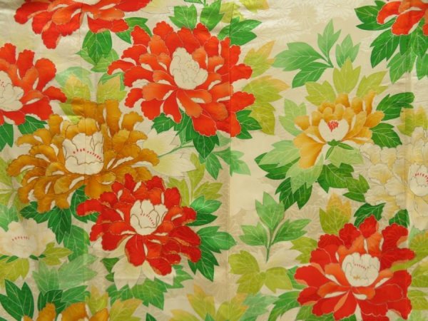 Photo8: 5608T13z840 Vintage Japanese Kimono Silk HITOE FURISODE Peony (8)
