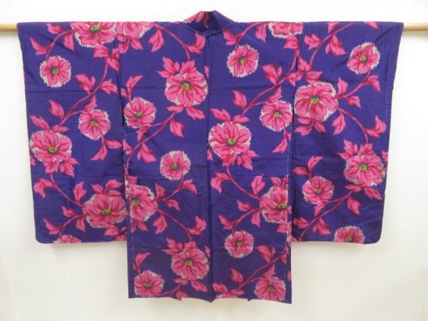 Photo1: 5612T04z480 Vintage Japanese Kimono Silk MEISEN LONG HAORI Flower (1)