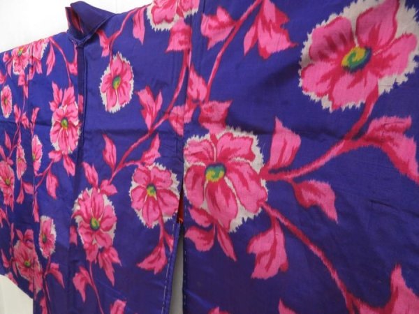 Photo2: 5612T04z480 Vintage Japanese Kimono Silk MEISEN LONG HAORI Flower (2)