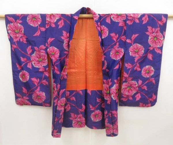 Photo6: 5612T04z480 Vintage Japanese Kimono Silk MEISEN LONG HAORI Flower (6)