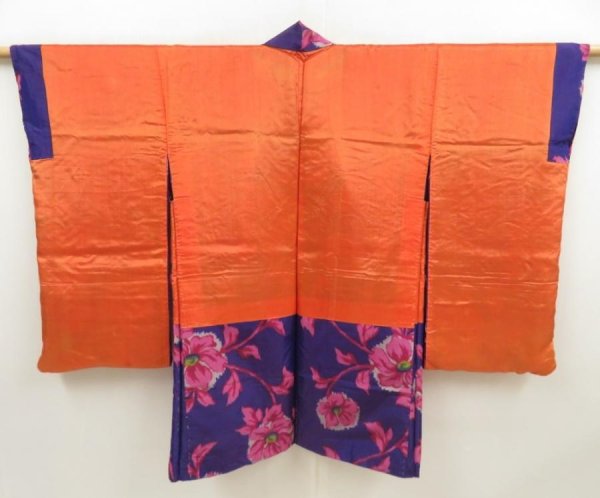 Photo8: 5612T04z480 Vintage Japanese Kimono Silk MEISEN LONG HAORI Flower (8)
