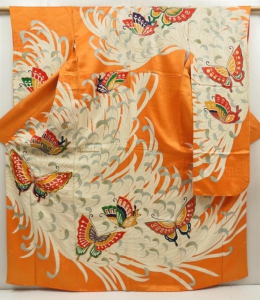Photo1: 5612T06z1070 Vintage Japanese Kimono Silk FURISODE Butterfly Dark orange (1)
