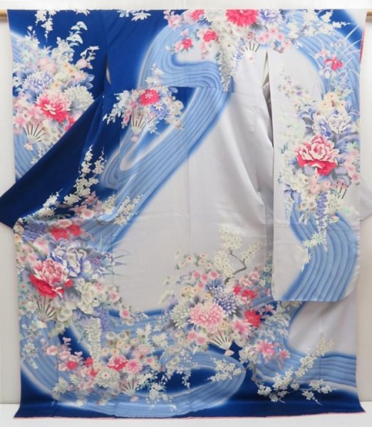 Photo1: 5612T08z1170 Vintage Japanese Kimono Silk FURISODE Flowers Royal blue (1)