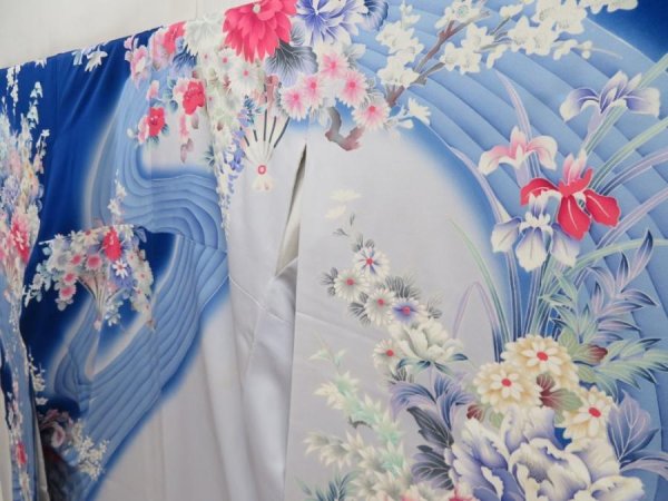 Photo2: 5612T08z1170 Vintage Japanese Kimono Silk FURISODE Flowers Royal blue (2)