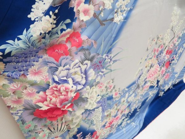 Photo3: 5612T08z1170 Vintage Japanese Kimono Silk FURISODE Flowers Royal blue (3)