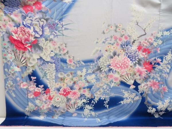Photo5: 5612T08z1170 Vintage Japanese Kimono Silk FURISODE Flowers Royal blue (5)