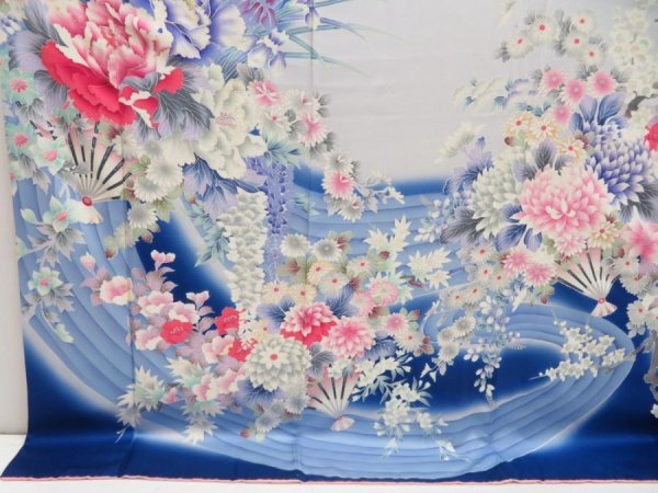 Photo6: 5612T08z1170 Vintage Japanese Kimono Silk FURISODE Flowers Royal blue (6)