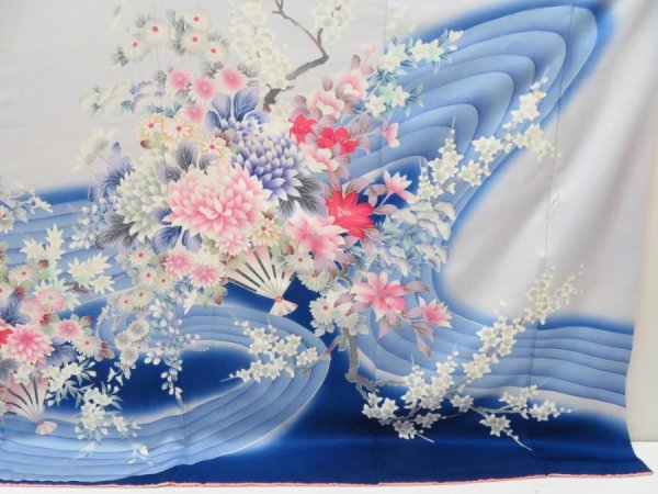 Photo7: 5612T08z1170 Vintage Japanese Kimono Silk FURISODE Flowers Royal blue (7)