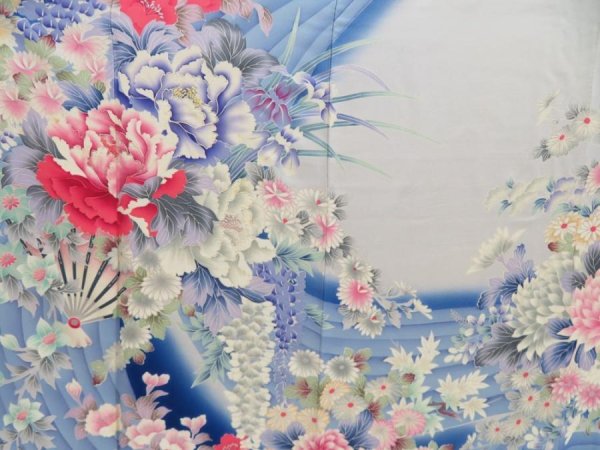 Photo8: 5612T08z1170 Vintage Japanese Kimono Silk FURISODE Flowers Royal blue (8)