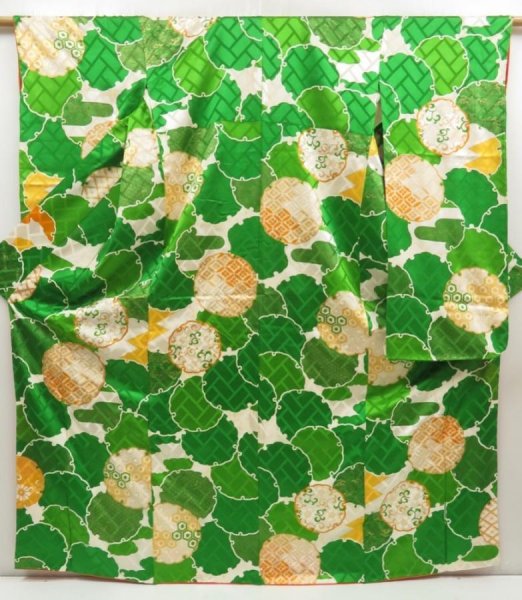 Photo1: 5612T11z1100 Vintage Japanese Kimono Silk FURISODE Yukiwa Green (1)