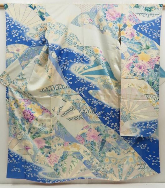 Photo1: 5612T13z1060 Vintage Japanese Kimono Silk FURISODE Katawaguruma  Ultramarine blue (1)