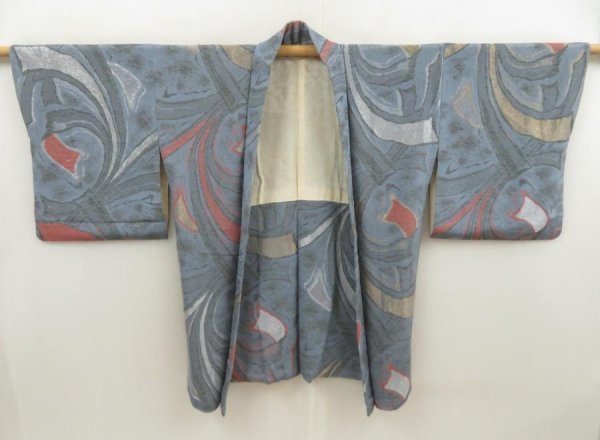 Photo5: 5625T01z750 Vintage Japanese Kimono Silk HAORI Tabane-noshi Dull sea blue (5)