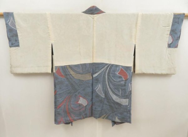 Photo6: 5625T01z750 Vintage Japanese Kimono Silk HAORI Tabane-noshi Dull sea blue (6)