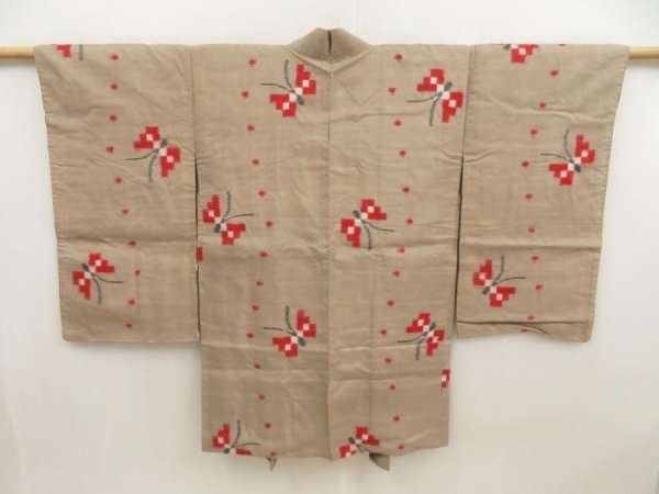 Photo1: 5625T02z510 Vintage Japanese Kimono Silk MEISEN HAORI Butterfly Light brown-gray (1)