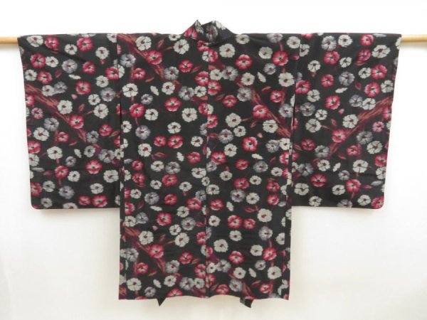 Photo1: 5625T03z450 Antique Japanese Kimono Silk MEISEN HAORI Flower Black (1)