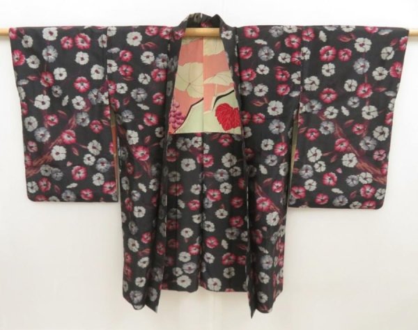 Photo5: 5625T03z450 Antique Japanese Kimono Silk MEISEN HAORI Flower Black (5)