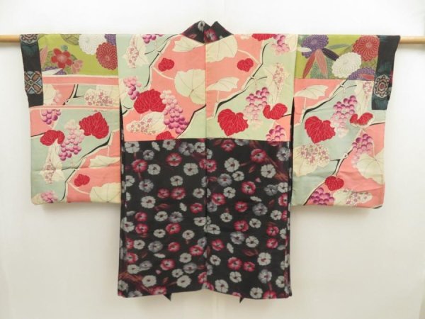 Photo6: 5625T03z450 Antique Japanese Kimono Silk MEISEN HAORI Flower Black (6)