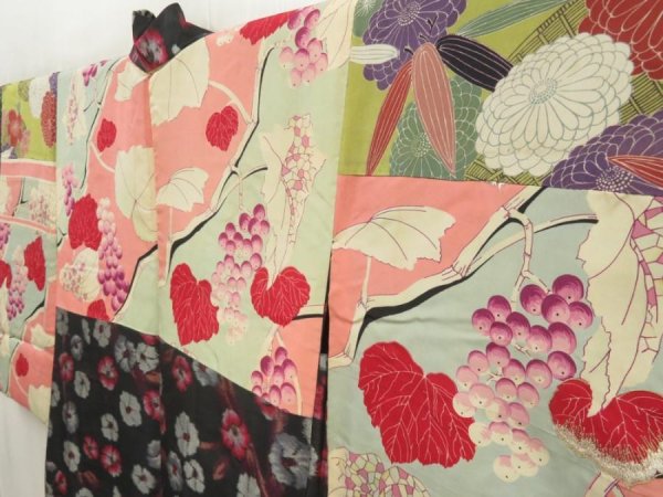 Photo7: 5625T03z450 Antique Japanese Kimono Silk MEISEN HAORI Flower Black (7)