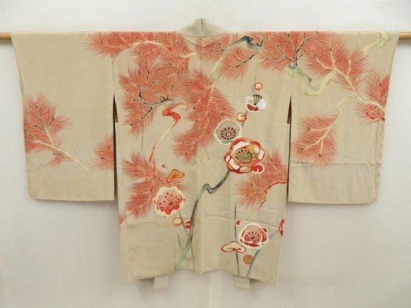 Photo1: 5625T04z680 Antique Japanese Kimono Silk HAORI Plum blossom Sand beige (1)
