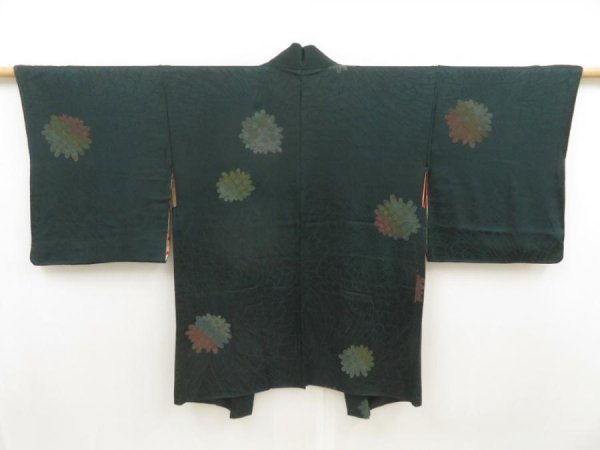 Photo1: 5625T06z570 Vintage Japanese Kimono Silk HAORI Chrysanthemum Dark green (1)