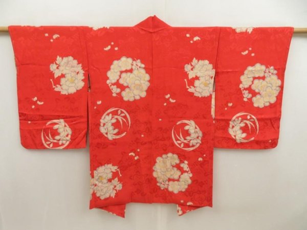 Photo1: 5625T07z400 Antique Japanese Kimono Silk HAORI Plum blossom Tomato red (1)