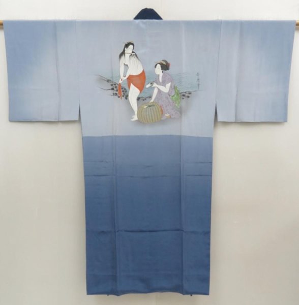Photo1: 5625T08z500 Vintage Japanese Kimono Silk Men's JUBAN Shunga Dull light blue (1)