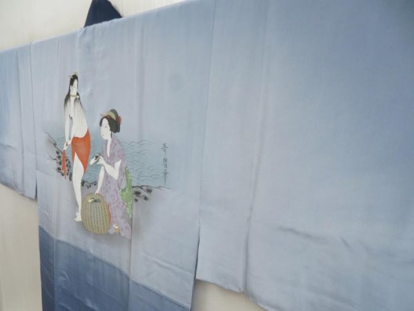 Photo2: 5625T08z500 Vintage Japanese Kimono Silk Men's JUBAN Shunga Dull light blue (2)