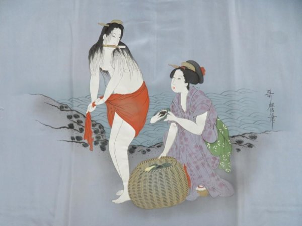 Photo3: 5625T08z500 Vintage Japanese Kimono Silk Men's JUBAN Shunga Dull light blue (3)