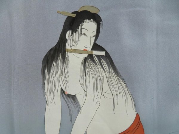 Photo4: 5625T08z500 Vintage Japanese Kimono Silk Men's JUBAN Shunga Dull light blue (4)