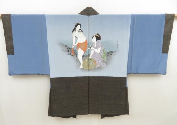 Photo1: 5625T09z460 Vintage Japanese Kimono Silk Men's OSHIMA HAORI Shunga (1)