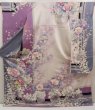 Photo1: 5625T11z1140 Vintage Japanese Kimono Silk FURISODE Peony Ash purple (1)