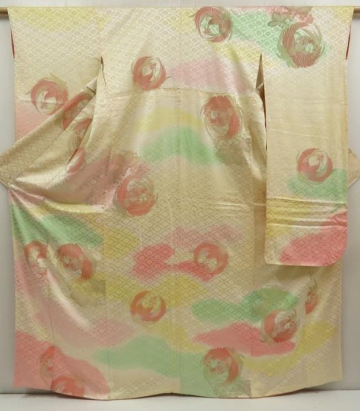 Photo1: 5625T12z1090 Vintage Japanese Kimono Silk FURISODE Phoenix Light cream (1)