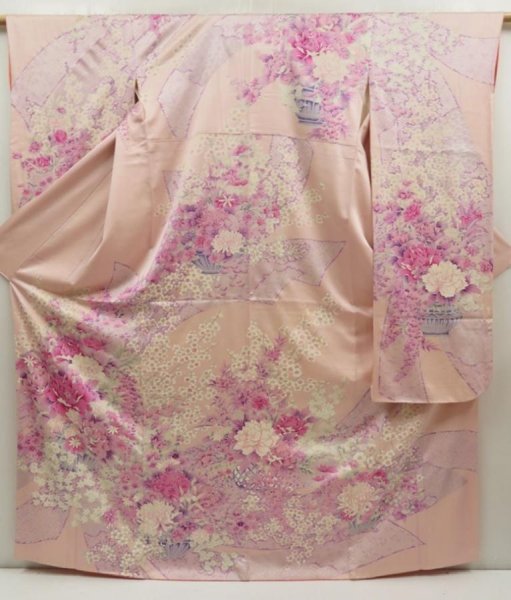 Photo1: 5625T14z1120 Vintage Japanese Kimono Silk FURISODE Flowers Pink (1)