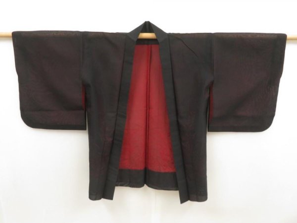 Photo6: 5626T03z270 Vintage Japanese Kimono Silk See through HAORI Flower Black (6)