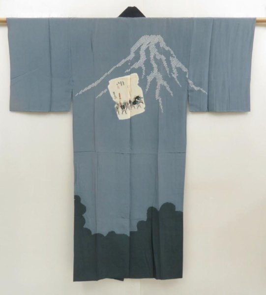 Photo1: 5626T06z450 Vintage Japanese Kimono Silk Men's JUBAN Mt.Fuji Blue-Gray (1)