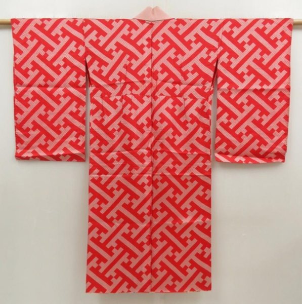 Photo1: 5626T07z470 Antique Japanese Kimono Jinken-Synthetic JUBAN Red (1)