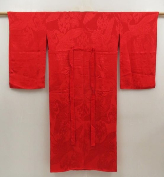 Photo1: 5626T08z560 Vintage Japanese Kimono Silk JUBAN Flying crane Red (1)