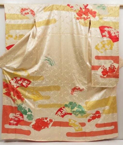 Photo1: 5626T09z1050 Vintage Japanese Kimono Silk FURISODE Jigami Light cream (1)