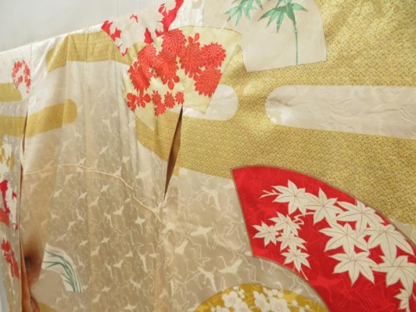 Photo2: 5626T09z1050 Vintage Japanese Kimono Silk FURISODE Jigami Light cream (2)