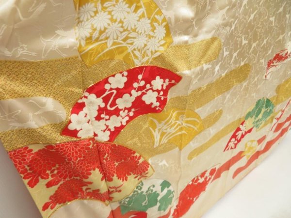 Photo3: 5626T09z1050 Vintage Japanese Kimono Silk FURISODE Jigami Light cream (3)