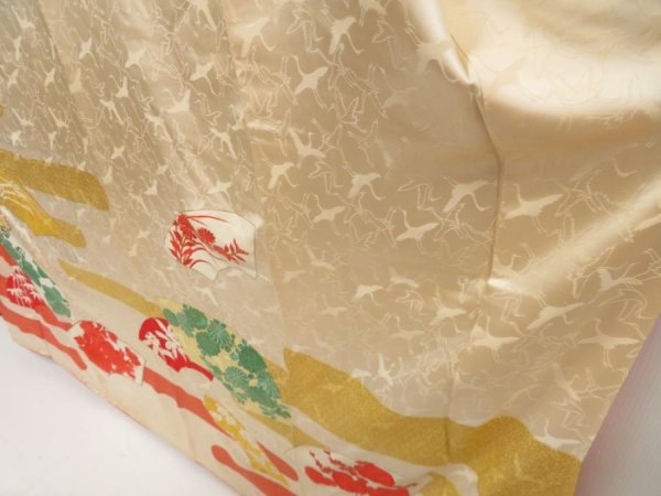 Photo4: 5626T09z1050 Vintage Japanese Kimono Silk FURISODE Jigami Light cream (4)