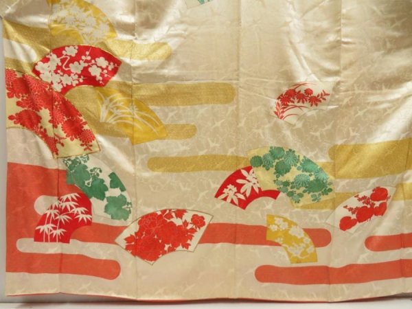 Photo5: 5626T09z1050 Vintage Japanese Kimono Silk FURISODE Jigami Light cream (5)