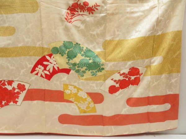 Photo7: 5626T09z1050 Vintage Japanese Kimono Silk FURISODE Jigami Light cream (7)