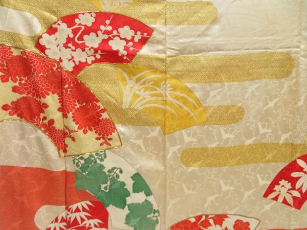 Photo8: 5626T09z1050 Vintage Japanese Kimono Silk FURISODE Jigami Light cream (8)