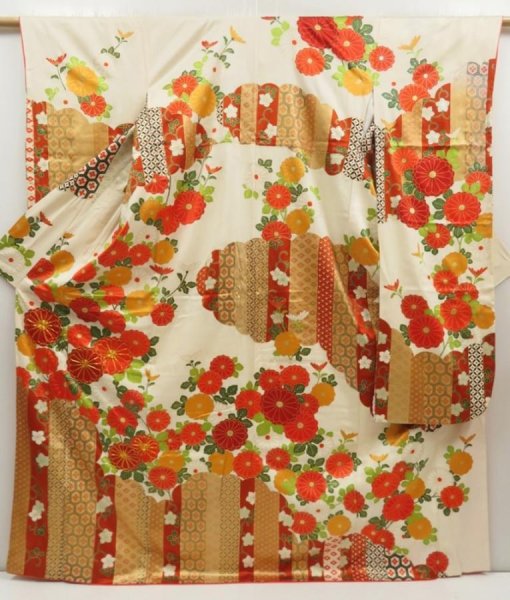 Photo1: 5626T12z1360 Vintage Japanese Kimono Silk FURISODE Chrysanthemum Off-white (1)