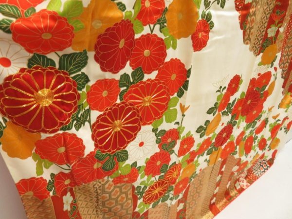 Photo3: 5626T12z1360 Vintage Japanese Kimono Silk FURISODE Chrysanthemum Off-white (3)