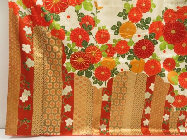 Photo6: 5626T12z1360 Vintage Japanese Kimono Silk FURISODE Chrysanthemum Off-white (6)