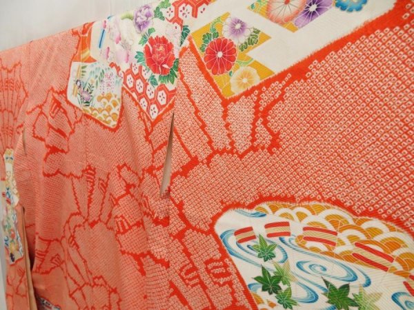 Photo2: 5626T13z1020 Vintage Japanese Kimono Silk SHIBORI FURISODE Orangered (2)